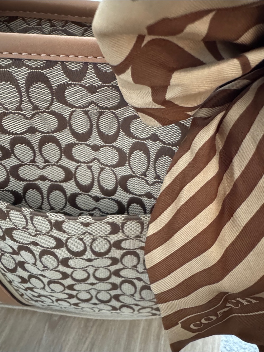 NWOT Coach Monogram Canvas Shoulder Tote with Tan Leather and Gold Stripe Scarf - Picture 9 of 16